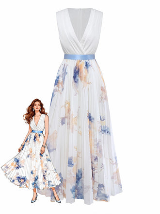 Donna che indossa un abito bianco con motivo floreale blu su sfondo bianco