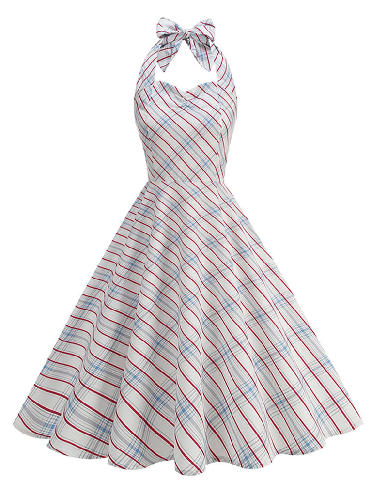 Abito scozzese con scollo all'americana e strisce rosse e blu su sfondo bianco