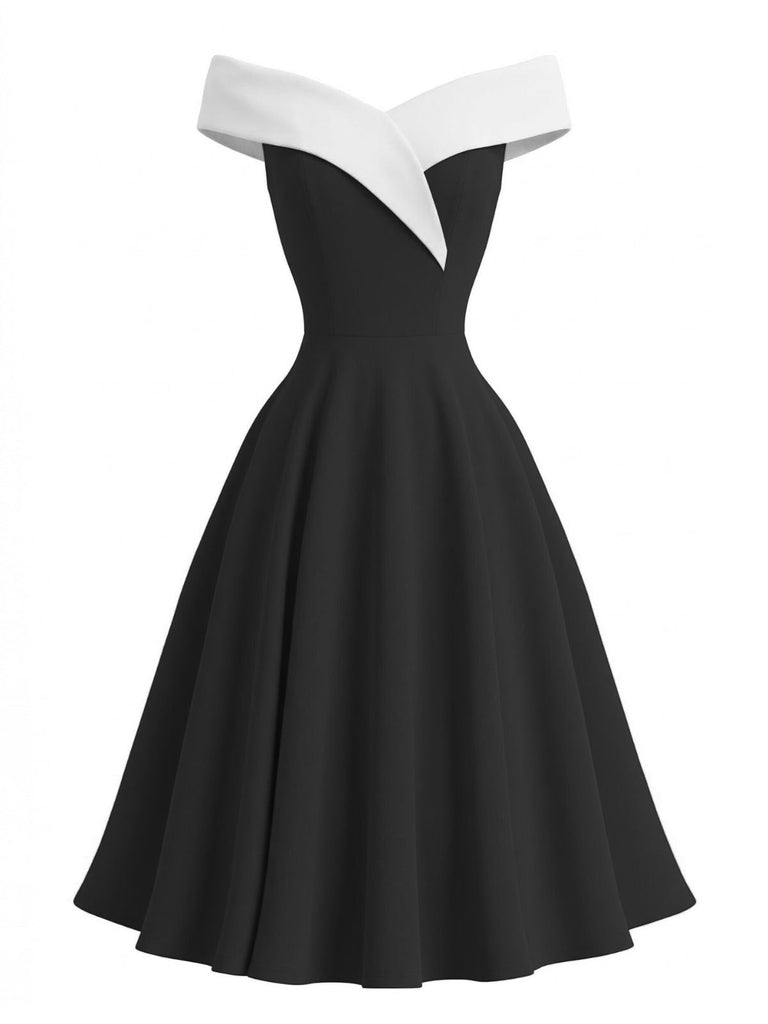Abito-nero-Anni '50-Color-Block-a-Spalle-Scoperte-Senza-Maniche