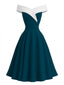 Abito Blu Pavone Anni '50 Color Block a Spalle Scoperte Senza Maniche