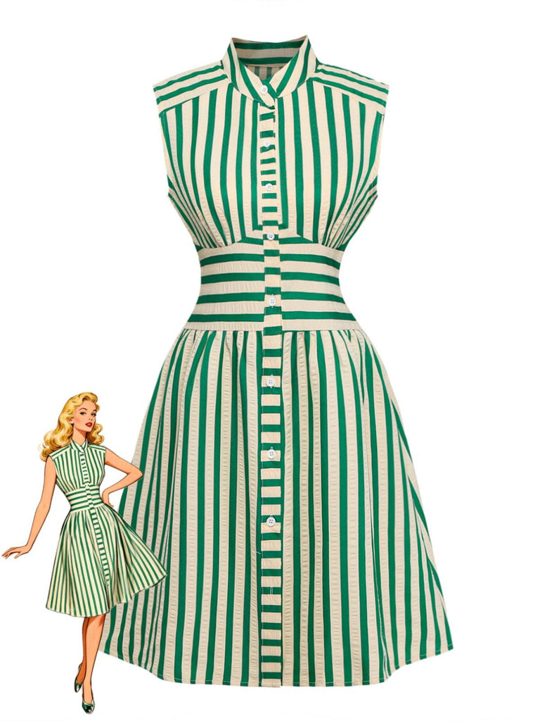 Abito-verde-anni '40-a-righe-senza-maniche-a-monopetto
