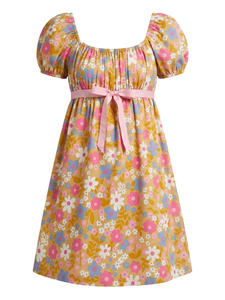 [Prevendita] Abito Babydoll a Maniche a Sbuffo Floreale con Fiocco Rosa Arancio Anni '50