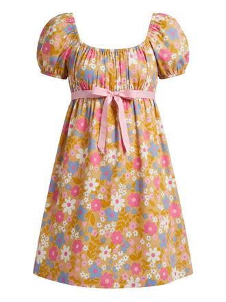 [Prevendita] Abito Babydoll a Maniche a Sbuffo Floreale con Fiocco Rosa Arancio Anni '50