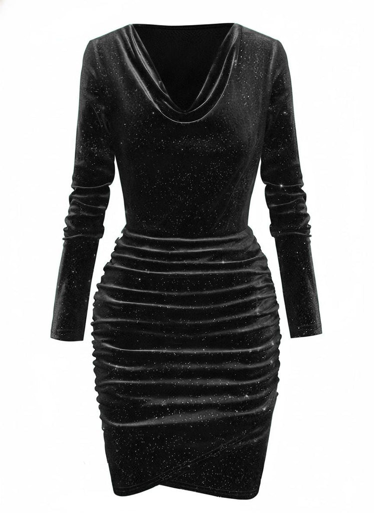 Abito in velluto a maniche lunghe con collo a cappuccio anni '60