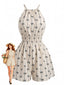 Tuta Corta Beige Anni '50 Stampa Fiocco con Scollo All'americana e Smock