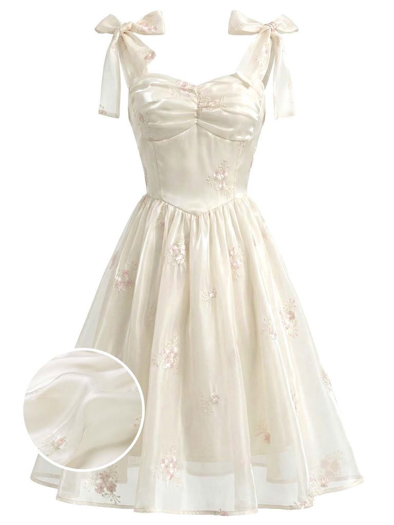 [Pre-Vendita] Abito Corsetto in Raso Ricamato Floreale con Spalline Annoate Beige Anni '50