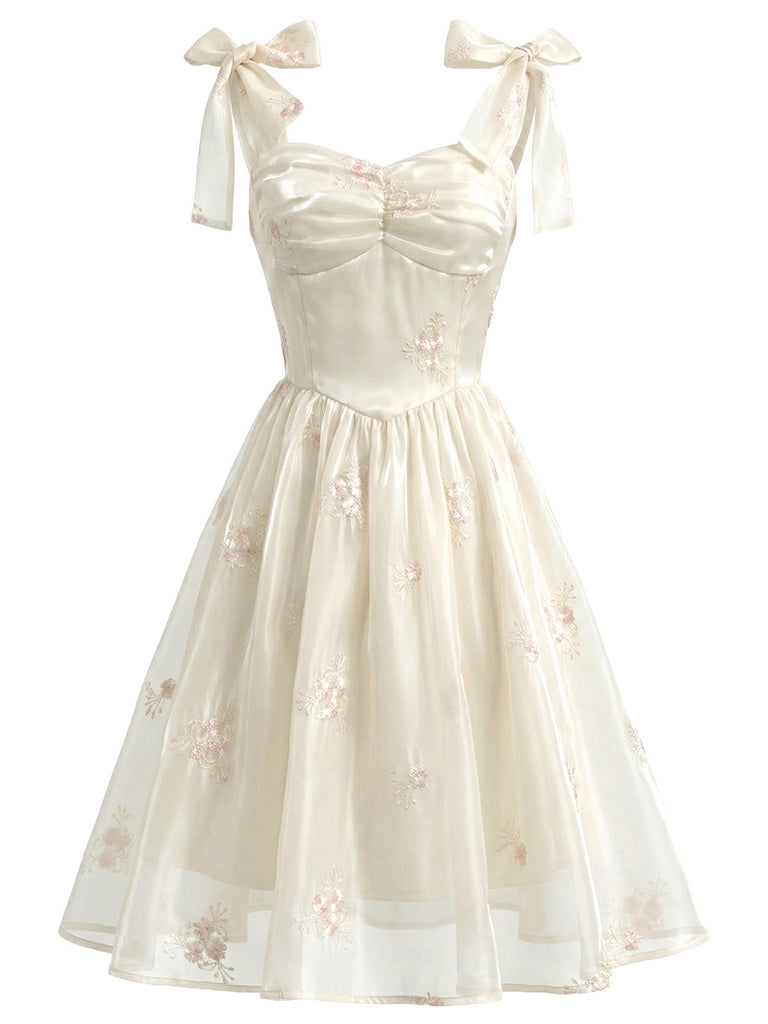 [Pre-Vendita] Abito Corsetto in Raso Ricamato Floreale con Spalline Annoate Beige Anni '50 2