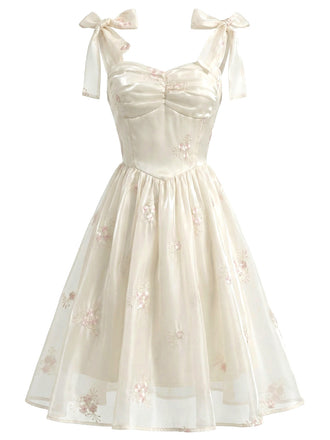 [Pre-Vendita] Abito Corsetto in Raso Ricamato Floreale con Spalline Annoate Beige Anni '50 2