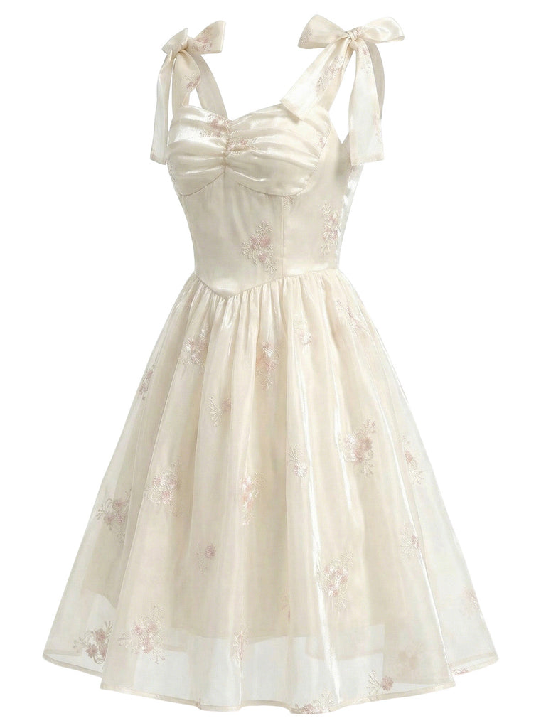 [Pre-Vendita] Abito Corsetto in Raso Ricamato Floreale con Spalline Annoate Beige Anni '50 3