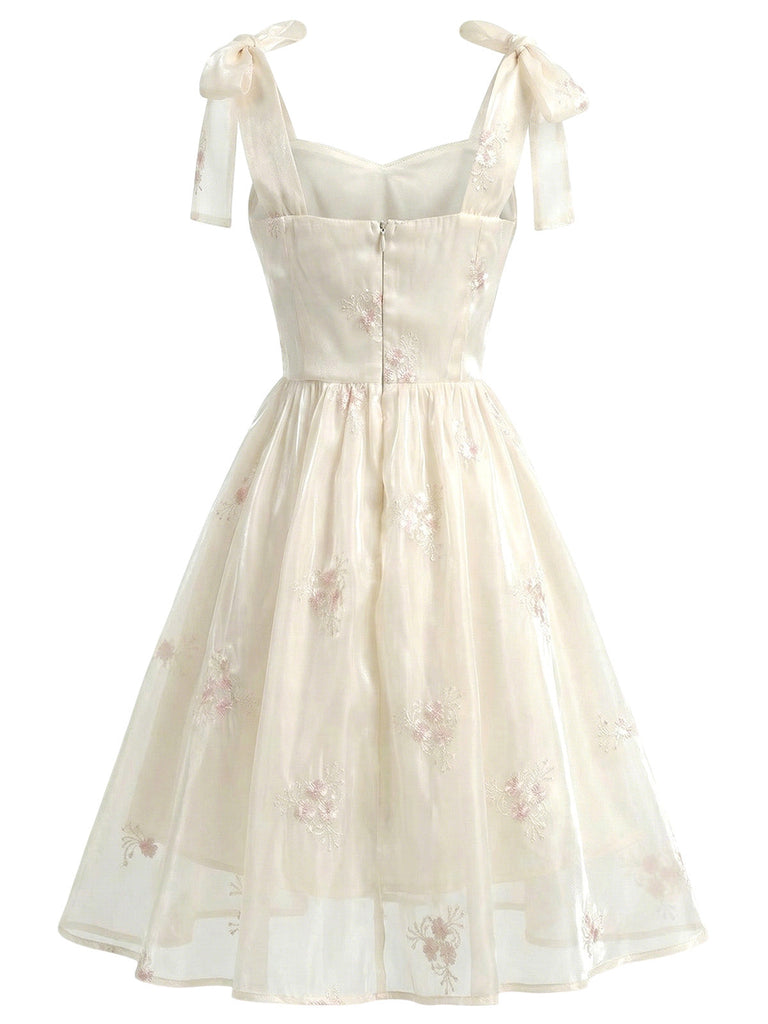 [Pre-Vendita] Abito Corsetto in Raso Ricamato Floreale con Spalline Annoate Beige Anni '50 4