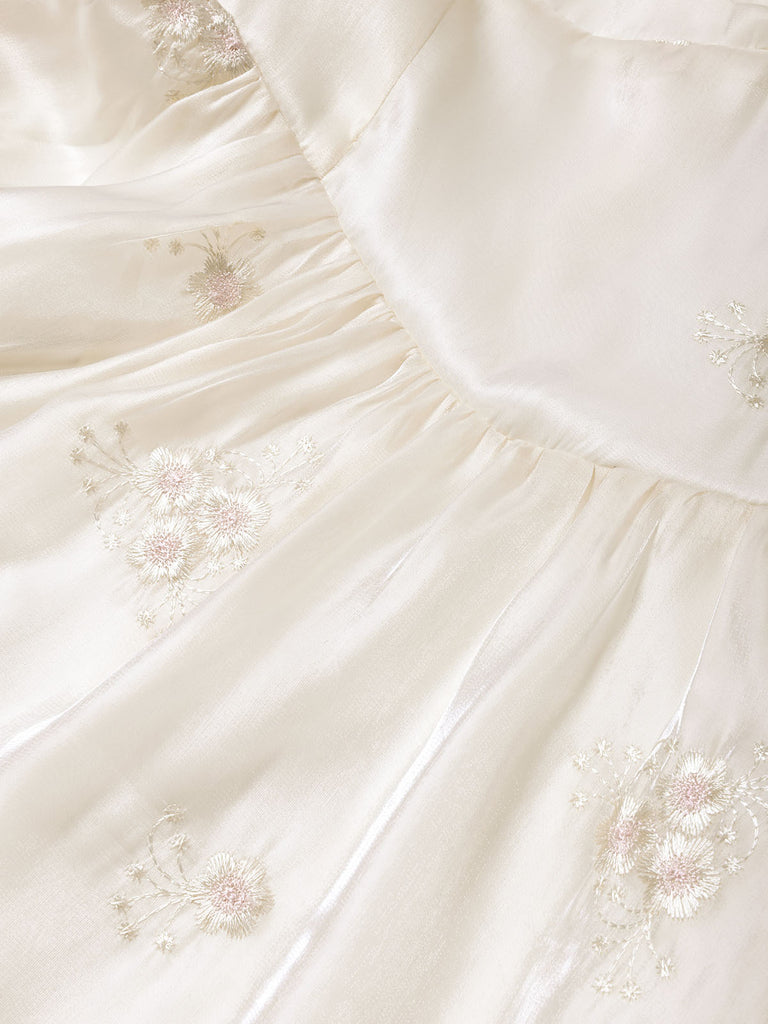 [Pre-Vendita] Abito Corsetto in Raso Ricamato Floreale con Spalline Annoate Beige Anni '50 7