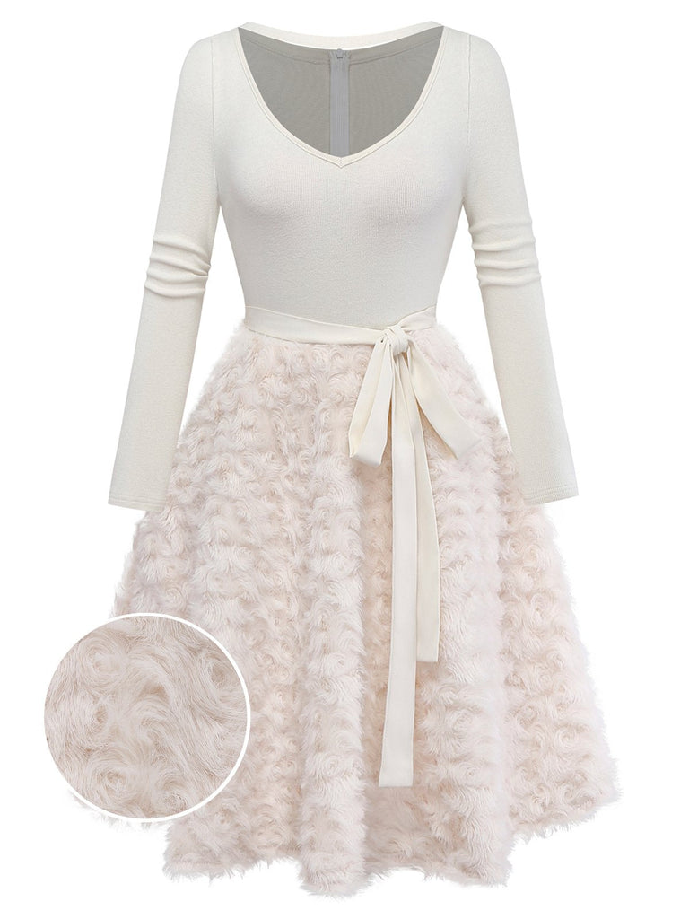 Beige 1950s Keyhole Bow Knit Plush Patchwork Dress - vintage dress, retro fashion, rockabilly
