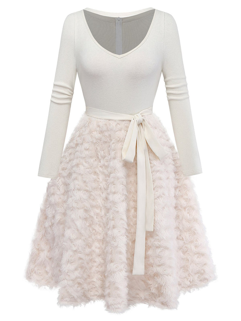 Beige 1950s Keyhole Bow Knit Plush Patchwork Dress - vintage dress, retro fashion, rockabilly