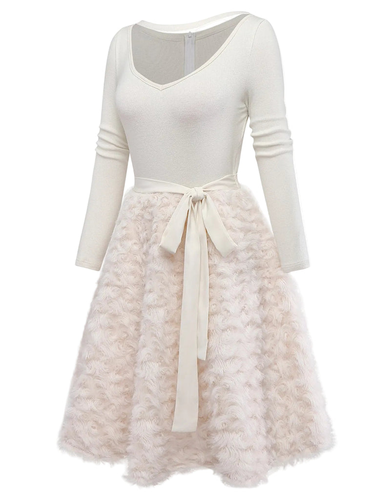 Beige 1950s Keyhole Bow Knit Plush Patchwork Dress - vintage dress, retro fashion, rockabilly