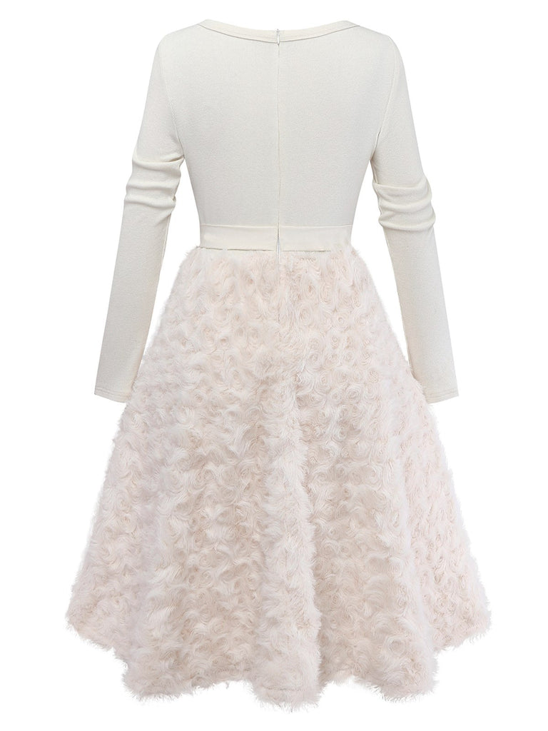 Beige 1950s Keyhole Bow Knit Plush Patchwork Dress - vintage dress, retro fashion, rockabilly