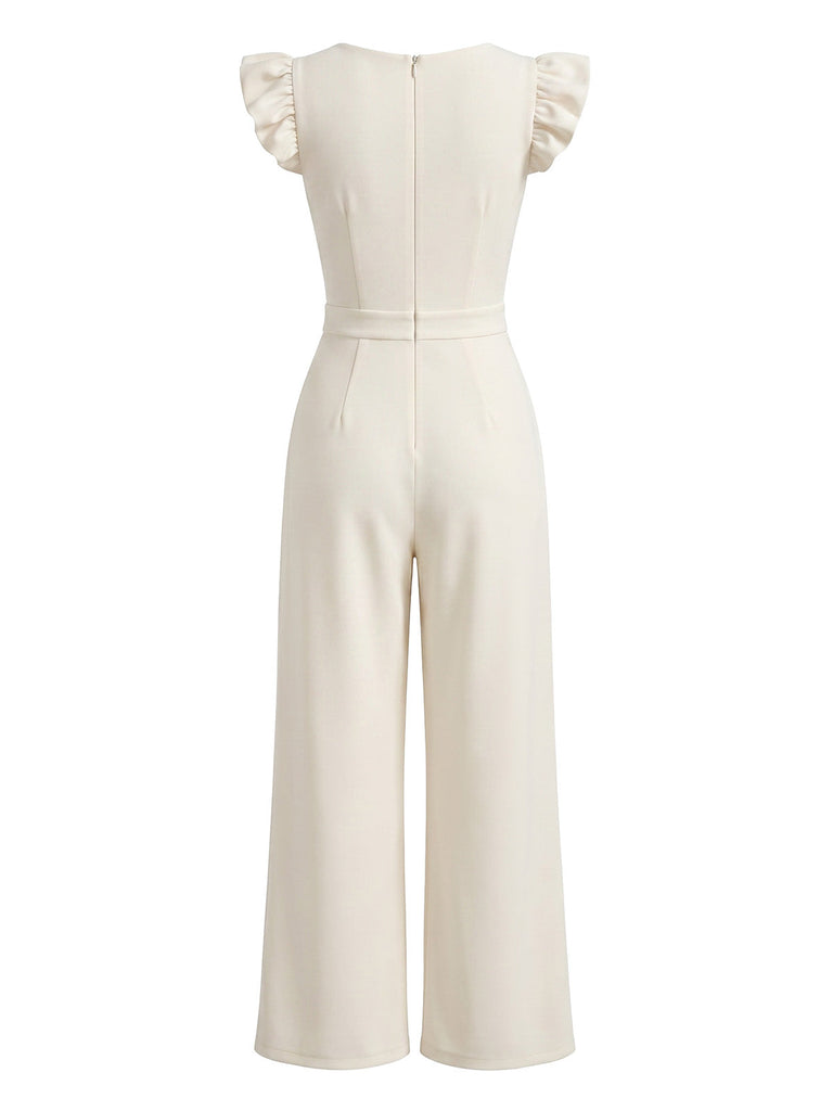 Tuta Scollo Quadrato Maniche a Volant Floreale Beige Anni '50