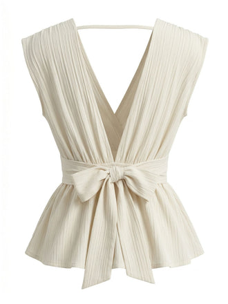 Camicetta Peplum Senza Maniche Scollo a V Profondo Beige Anni '50 2