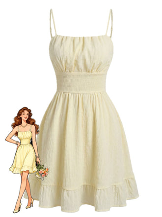 [Pre-Vendita] Mini Abito a Spalline Sottili Unito Increspato Testurizzato Beige Anni '60