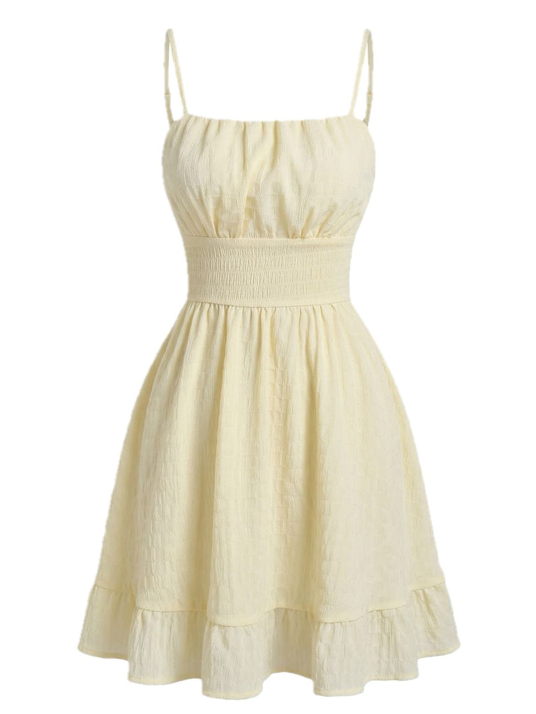 [Pre-Vendita] Mini Abito a Spalline Sottili Unito Increspato Testurizzato Beige Anni '60 2