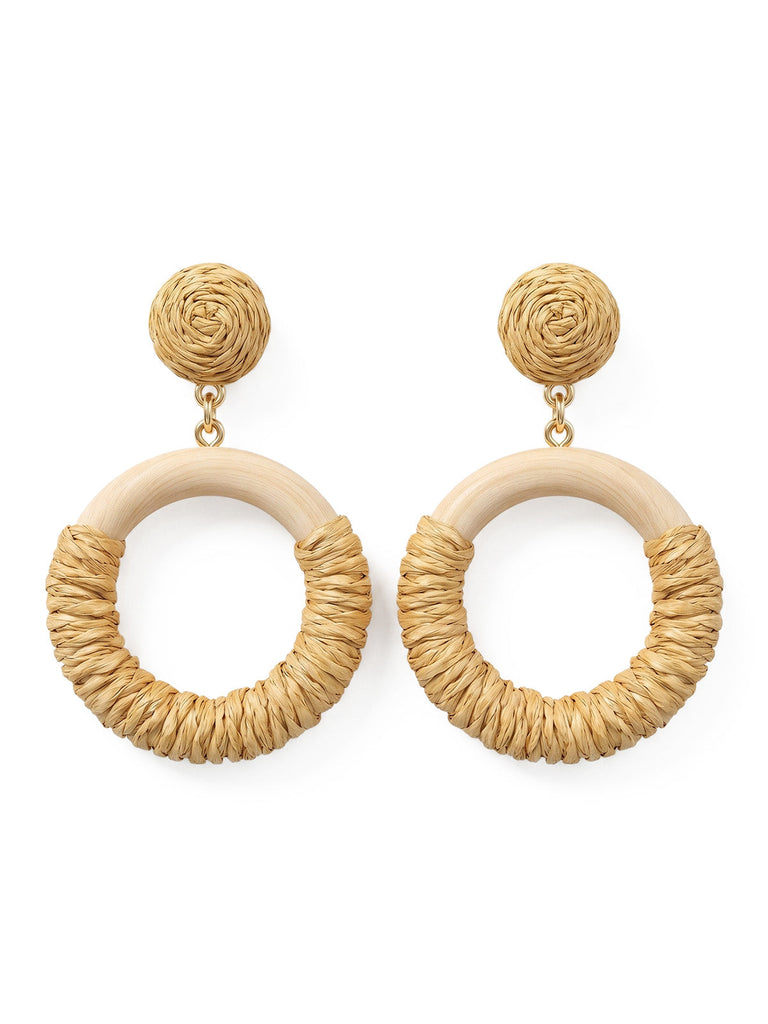 Orecchini Pendenti Vintage in Rattan Intrecciato e Legno Beige