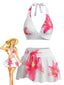 Bikini bianco anni '30 floreale di gigli con scollo all'americana in rete