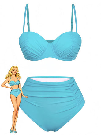 Bikini blu con illustrazione in stile vintage di una donna su sfondo bianco