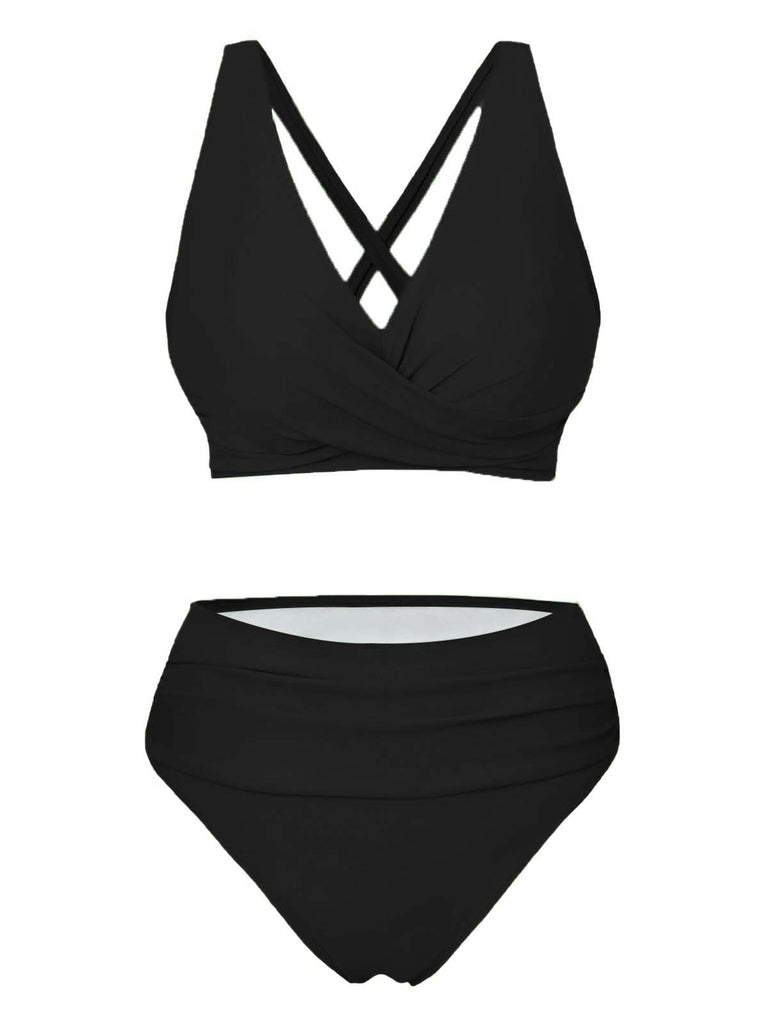 Bikini-nero-a-vita-alta-incrociato-tinta-unita-anni '50