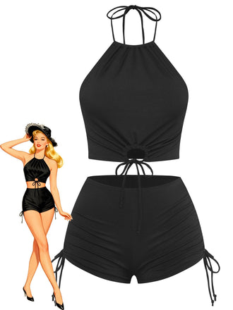 Bikini-nero-anni '60-con-scollo-all'americana-e-arricciature