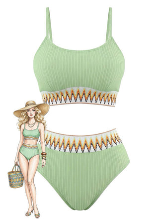 Bikini-verde-a-coste-con-vita-alta-e-motivo-a-zigzag-anni '50