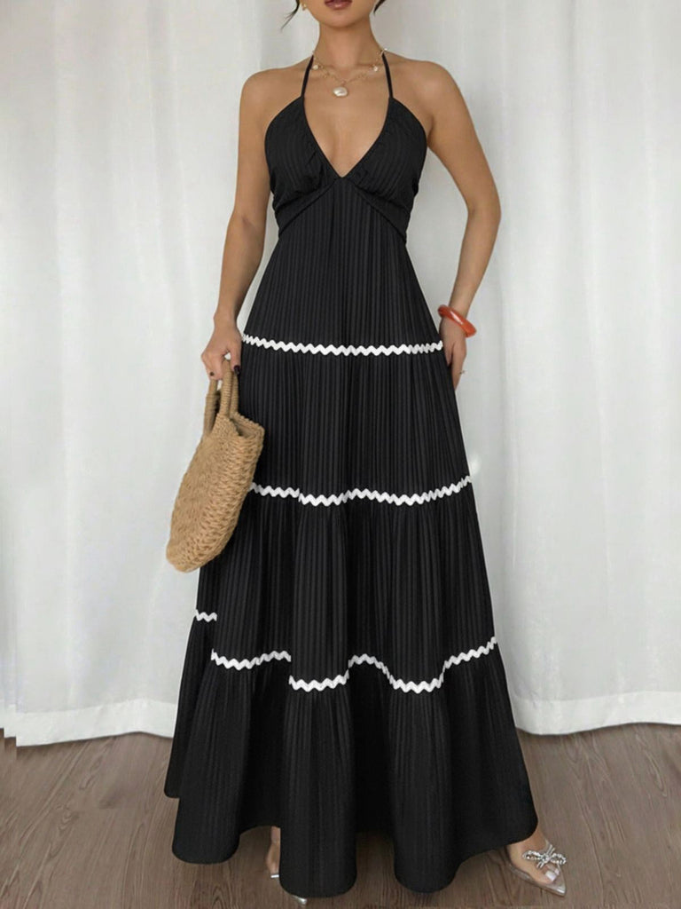 Abito Lungo Nero Halter con Schiena Scoperta Color Block Anni '30 2