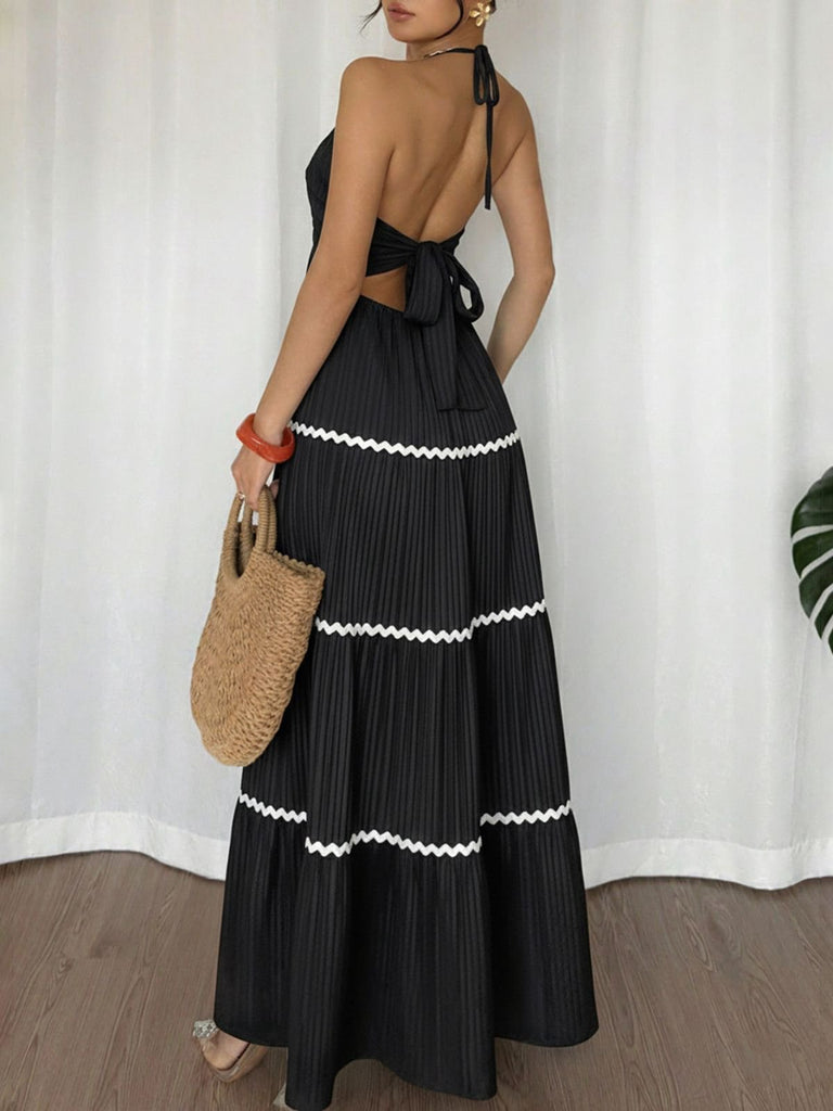 Abito Lungo Nero Halter con Schiena Scoperta Color Block Anni '30 5