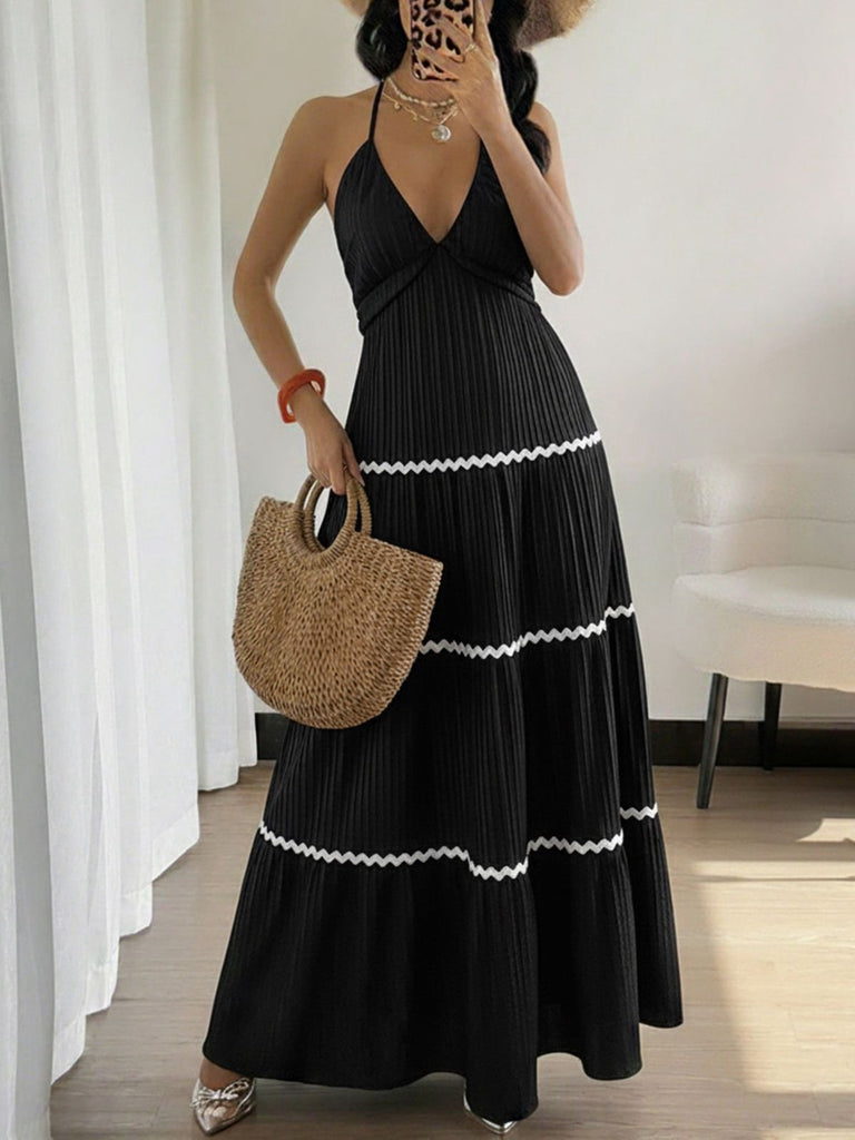 Abito Lungo Nero Halter con Schiena Scoperta Color Block Anni '30 4