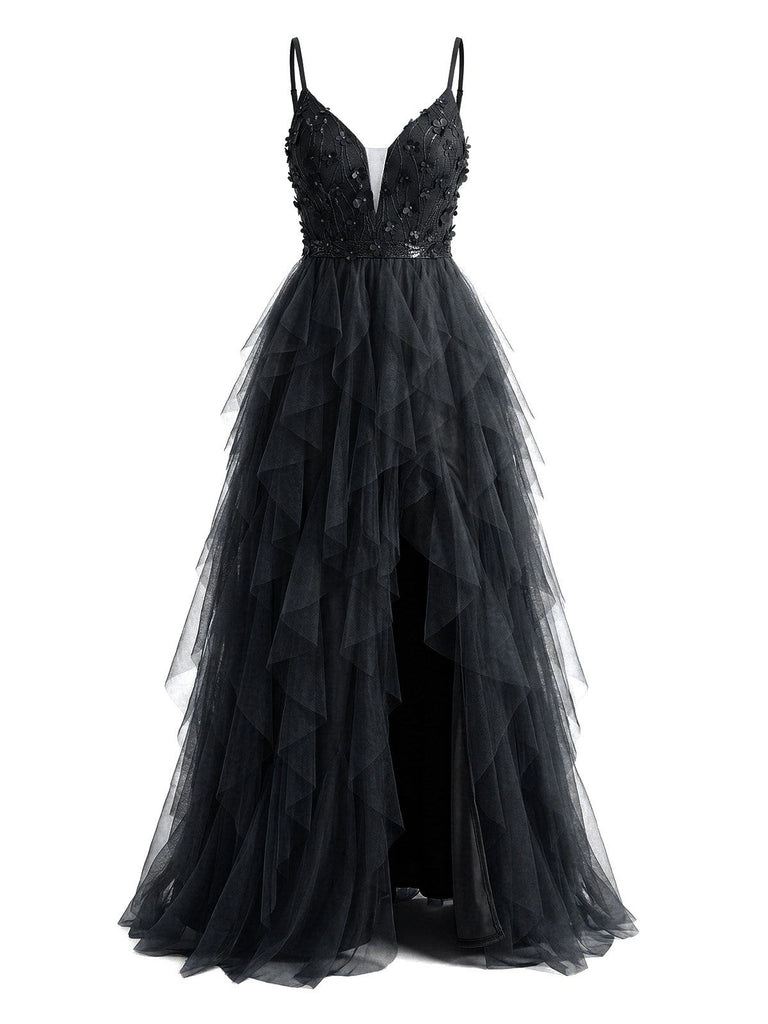 Abito da Sera a Balze in Tulle con Glitter e Spacco Anni '30