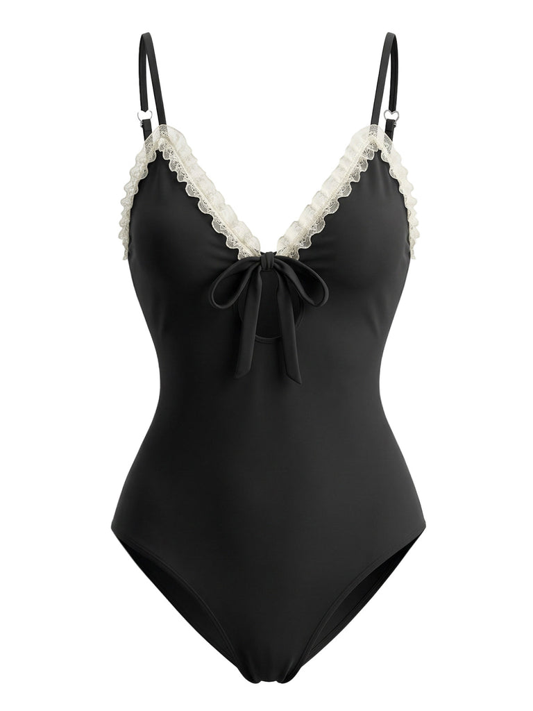 Nero Costume da Bagno Intero con Bordo in Pizzo e Nodo Frontale Anni '40 2