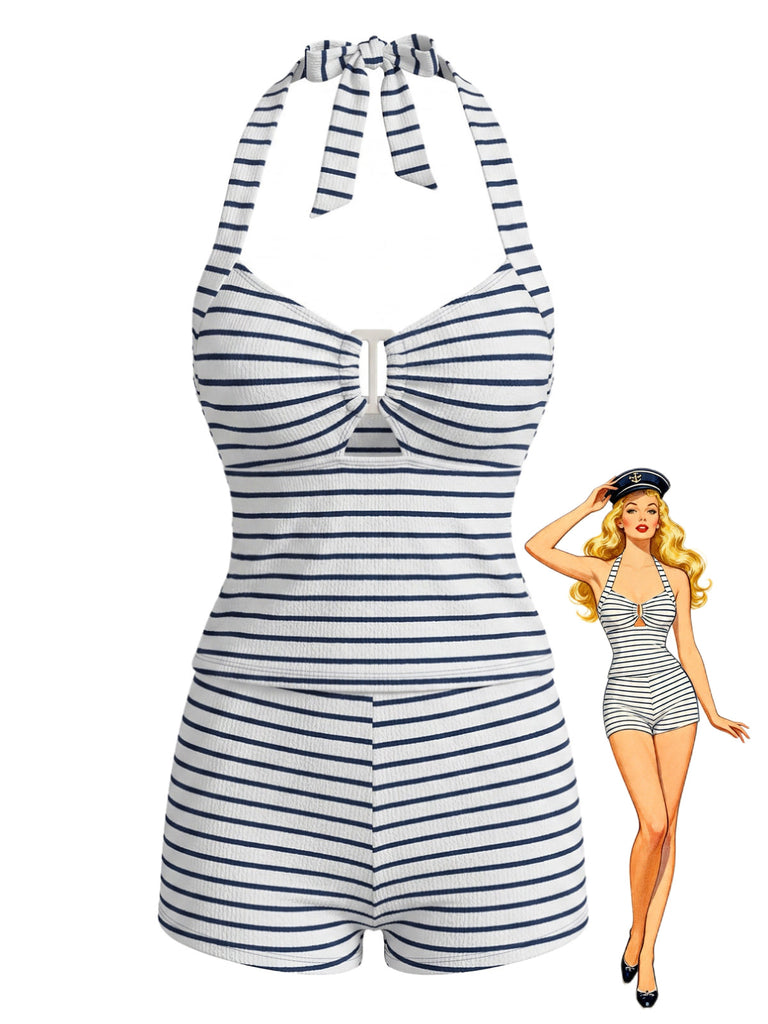 [Pre-Vendita] Set Tankini con Schiena Scoperta a Righe Traforato Nero Anni '40
