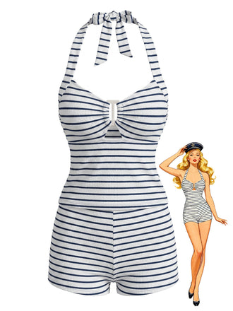 [Pre-Vendita] Set Tankini con Schiena Scoperta a Righe Traforato Nero Anni '40