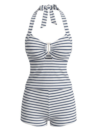 [Pre-Vendita] Set Tankini con Schiena Scoperta a Righe Traforato Nero Anni '40 2