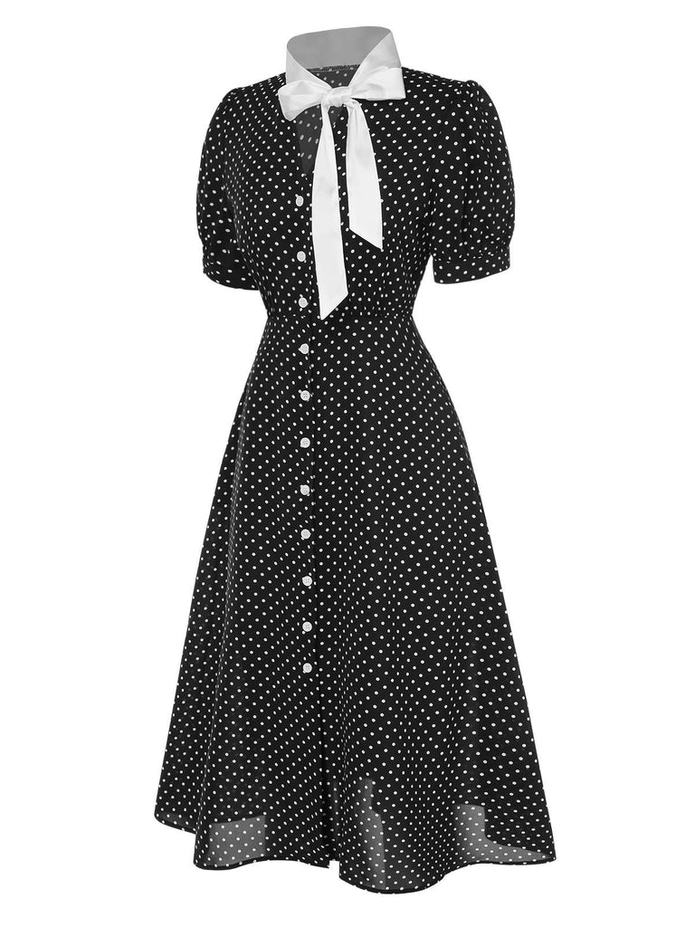 Black 1940s Polka Dots Tie Neck Dress, vintage dress, retro fashion - perfect for women who love vintage and retro fashion