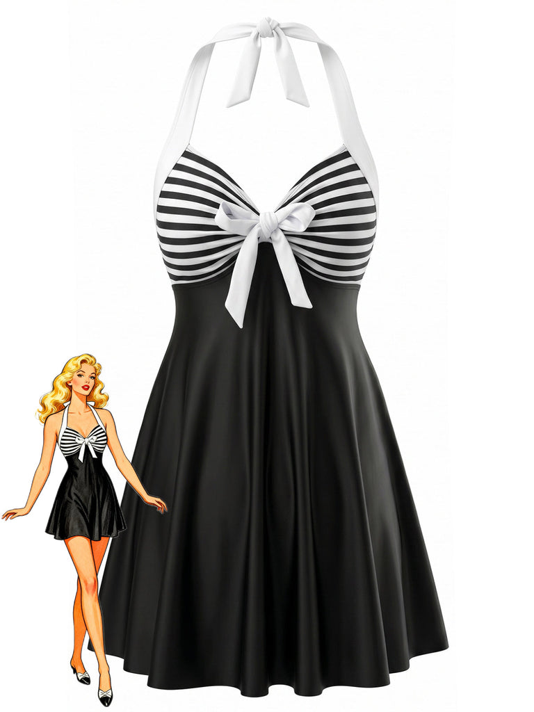 Set Tankini a Righe Halter con Nodo Nero Anni '40