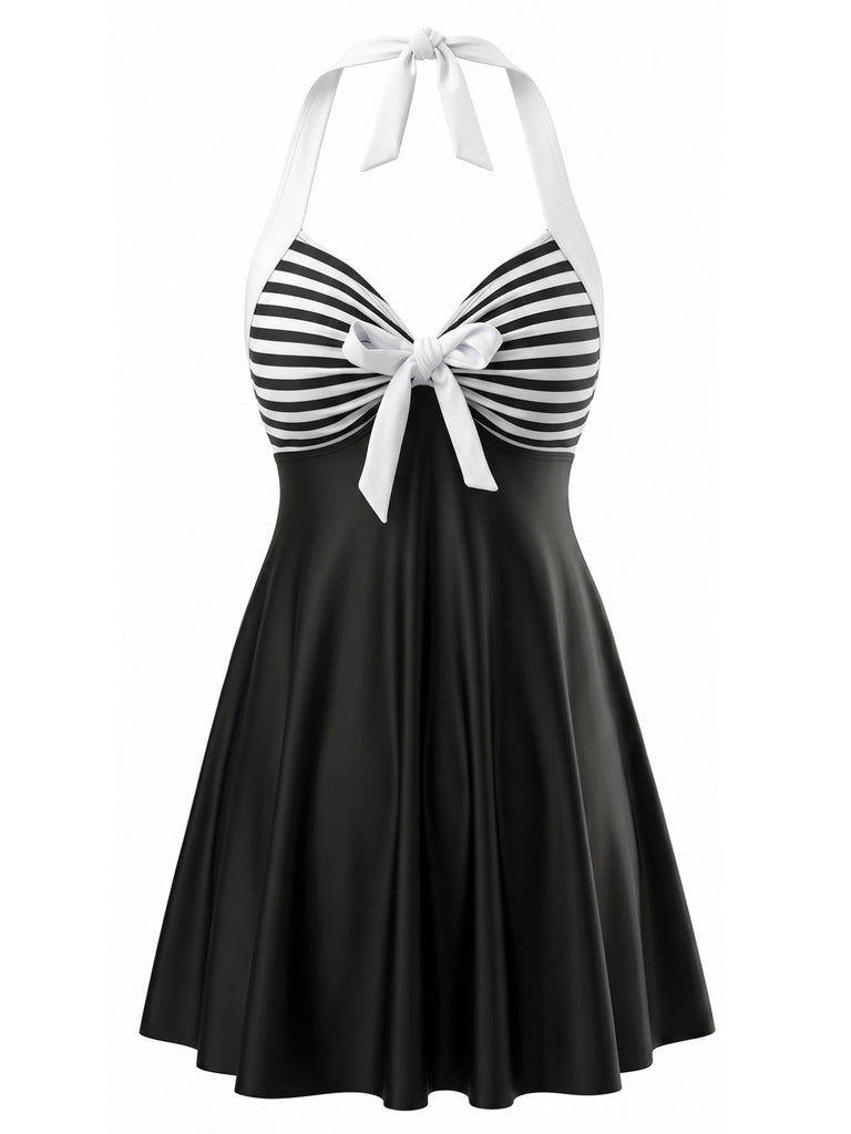 Set Tankini a Righe Halter con Nodo Nero Anni '40 2