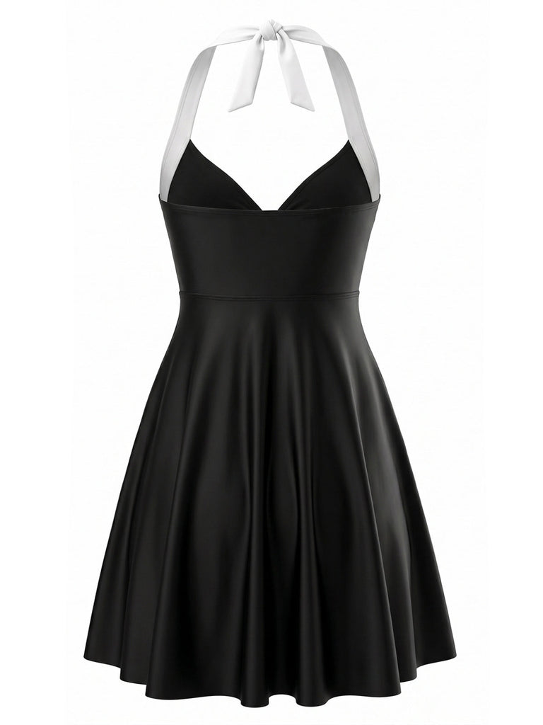 Set Tankini a Righe Halter con Nodo Nero Anni '40 3