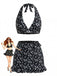 3PCS Set Bikini Nero Halter Floreale e Copricostume Anni '60