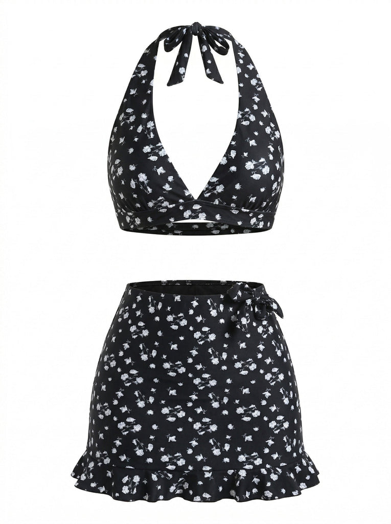 3PCS Set Bikini Nero Halter Floreale e Copricostume Anni '60 2