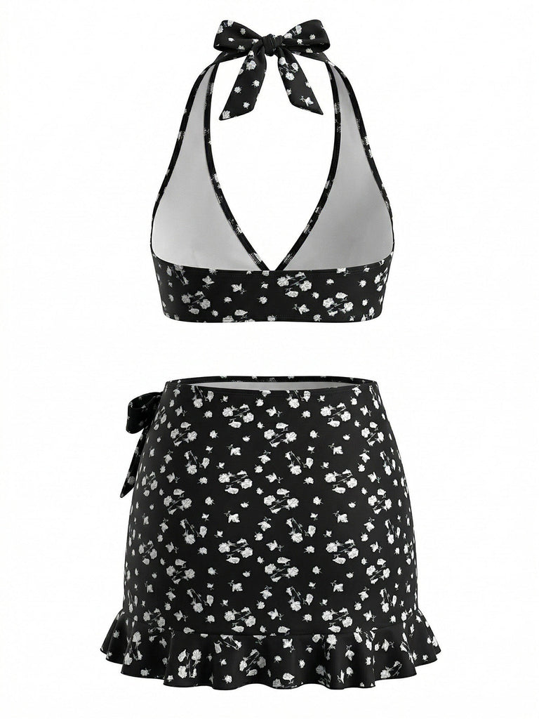 3PCS Set Bikini Nero Halter Floreale e Copricostume Anni '60 3