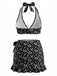 3PCS Set Bikini Nero Halter Floreale e Copricostume Anni '60 3