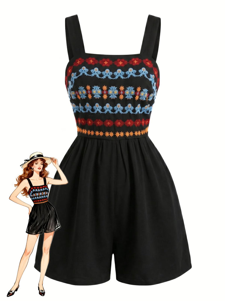 Pagliaccetto Smock Scollo Quadrato Ricamato Floreale Nero Anni '50