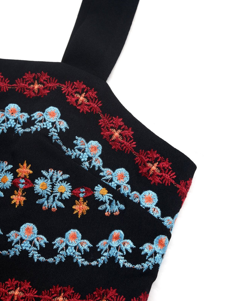 Pagliaccetto Smock Scollo Quadrato Ricamato Floreale Nero Anni '50