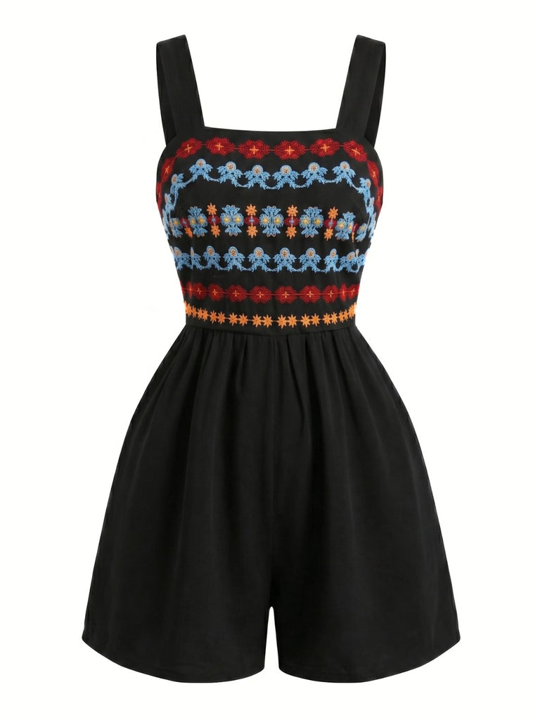 Pagliaccetto Smock Scollo Quadrato Ricamato Floreale Nero Anni '50