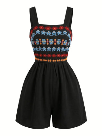 Pagliaccetto Smock Scollo Quadrato Ricamato Floreale Nero Anni '50