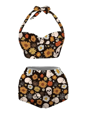 [Pre-Vendita] [Taglie Forti] Black Floreale Print Pizzo-Up con Allacciatura al Collo Costume da Bagno Anni '50
